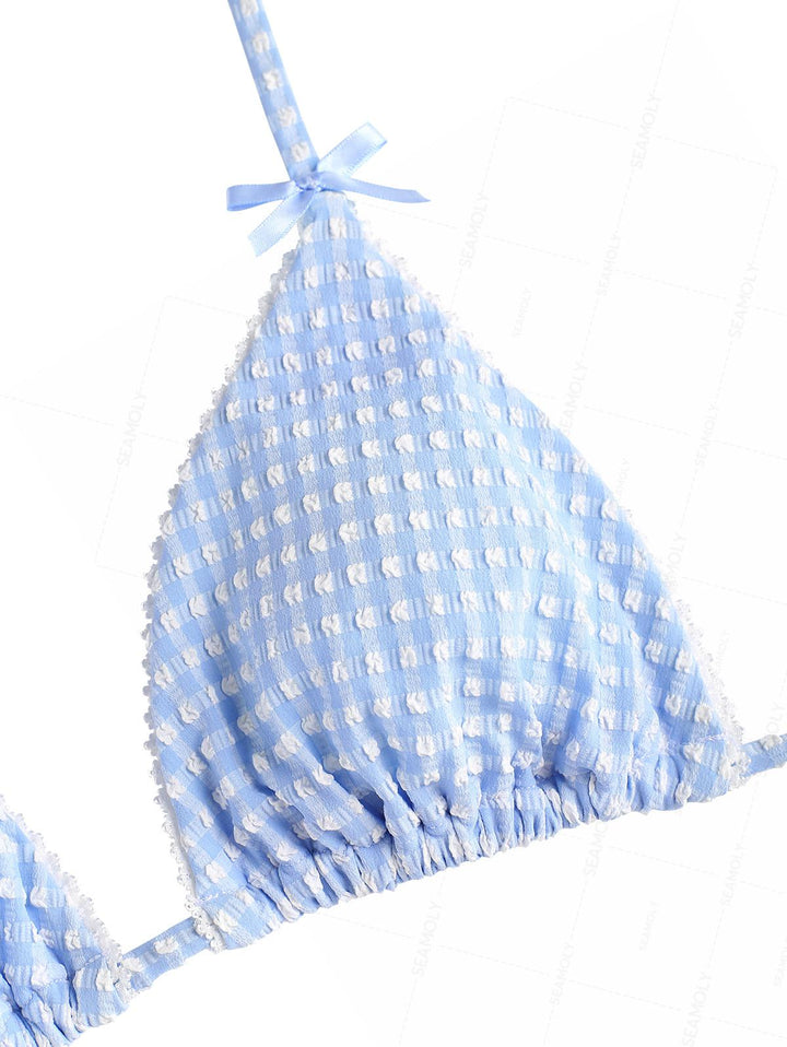Seamolly Gingham Lace Bowknot Ruffles Trim  Bikini Set