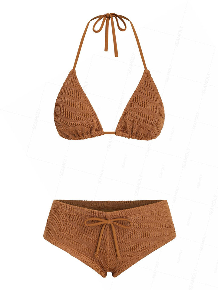 Seamolly Recycled Fabric Textured Halter Triangle Boyshorts Bikini Set