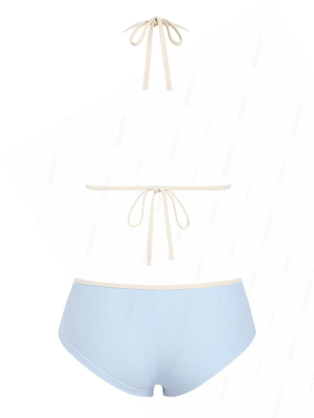 Seamolly Ribbed Ruffles Trim Halter Triangle Boyshorts Bikini Set