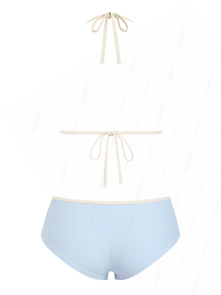 Seamolly Ribbed Ruffles Trim Halter Triangle Boyshorts Bikini Set