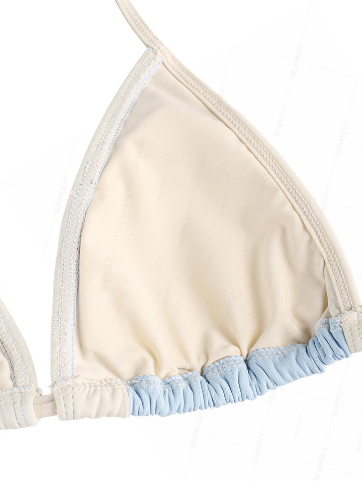 Seamolly Ribbed Ruffles Trim Halter Triangle Boyshorts Bikini Set