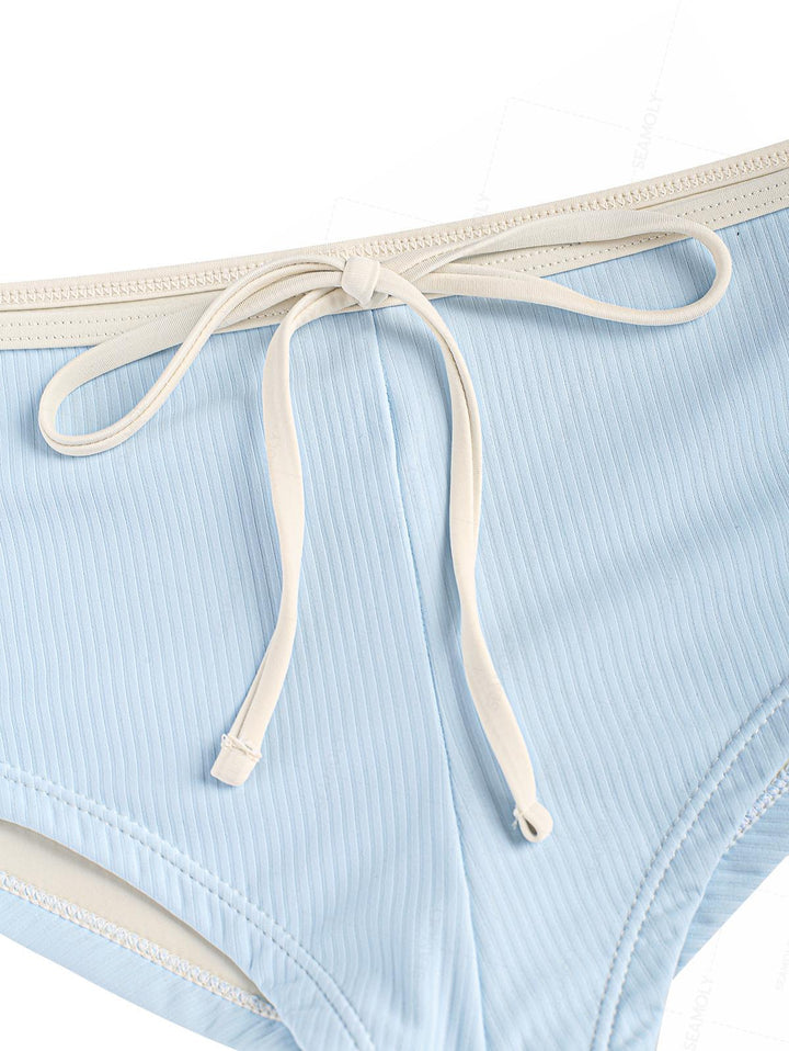 Seamolly Ribbed Ruffles Trim Halter Triangle Boyshorts Bikini Set