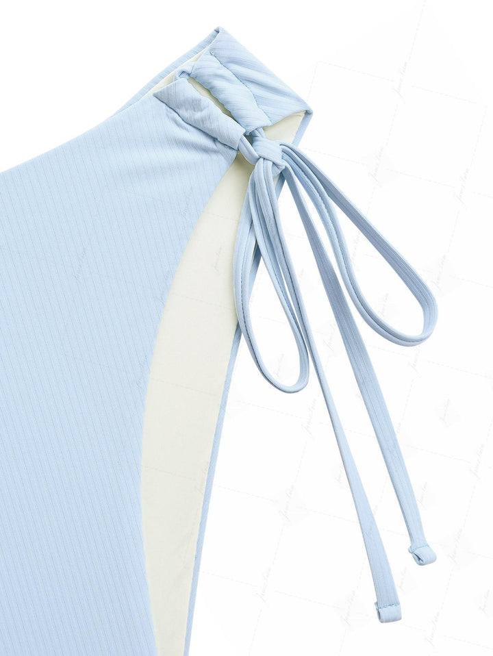 Light Blue Ribbed Knit Cinched Tie Side Hipster Bikini Bottom