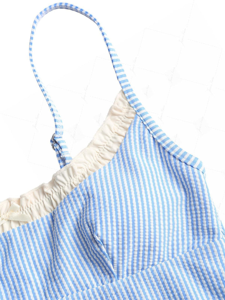 Light Blue Striped Spliced Ruched Ruffles Tie Side Tankini Set