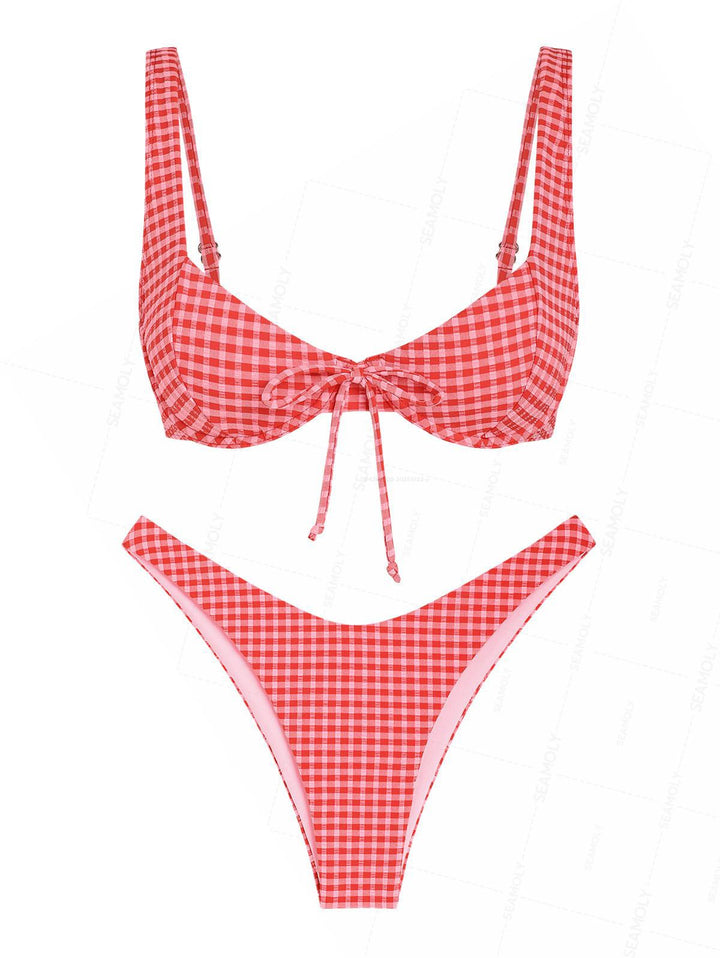 Seamolly Retro Pin-Up Vintage Inspired Gingham Bowknot Decor Cinched Tied Back Underwire Bikini Set