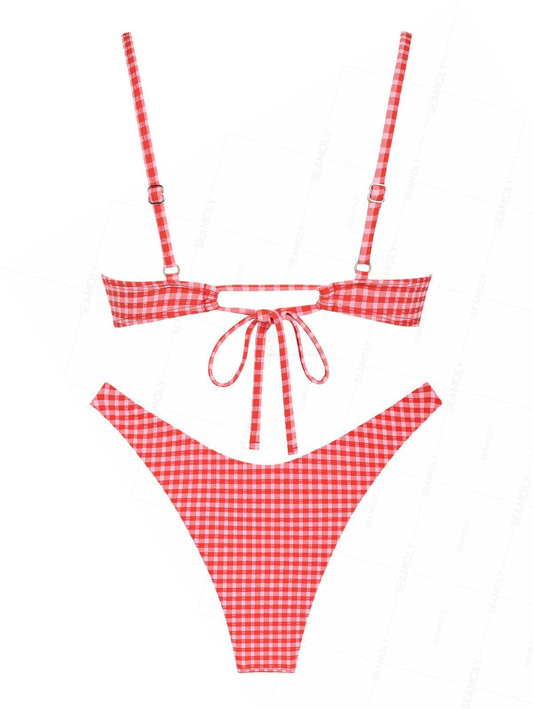 Seamolly Retro Pin-Up Vintage Inspired Gingham Bowknot Decor Cinched Tied Back Underwire Bikini Set