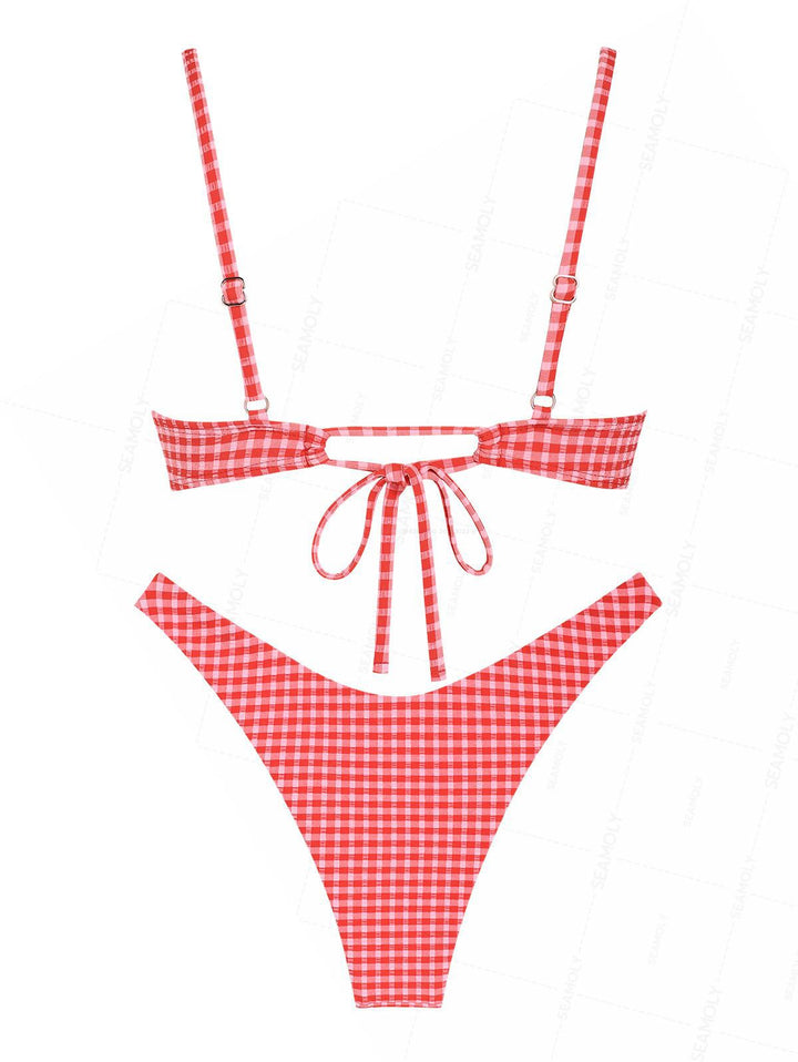 Seamolly Retro Pin-Up Vintage Inspired Gingham Bowknot Decor Cinched Tied Back Underwire Bikini Set