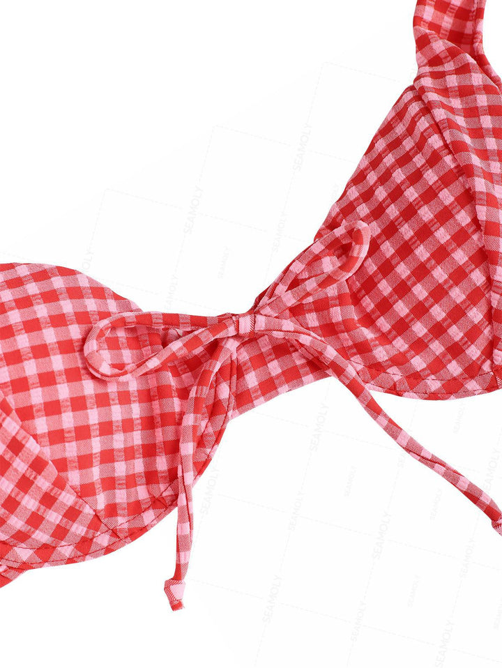 Seamolly Retro Pin-Up Vintage Inspired Gingham Bowknot Decor Cinched Tied Back Underwire Bikini Set