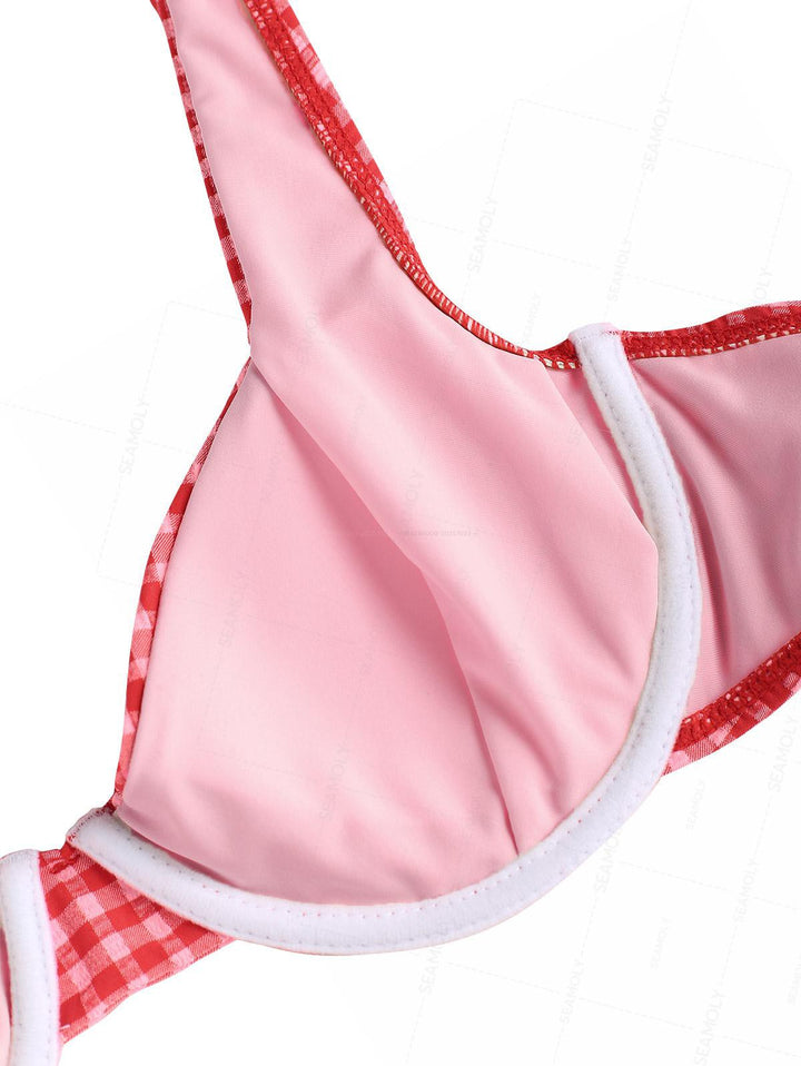 Seamolly Retro Pin-Up Vintage Inspired Gingham Bowknot Decor Cinched Tied Back Underwire Bikini Set