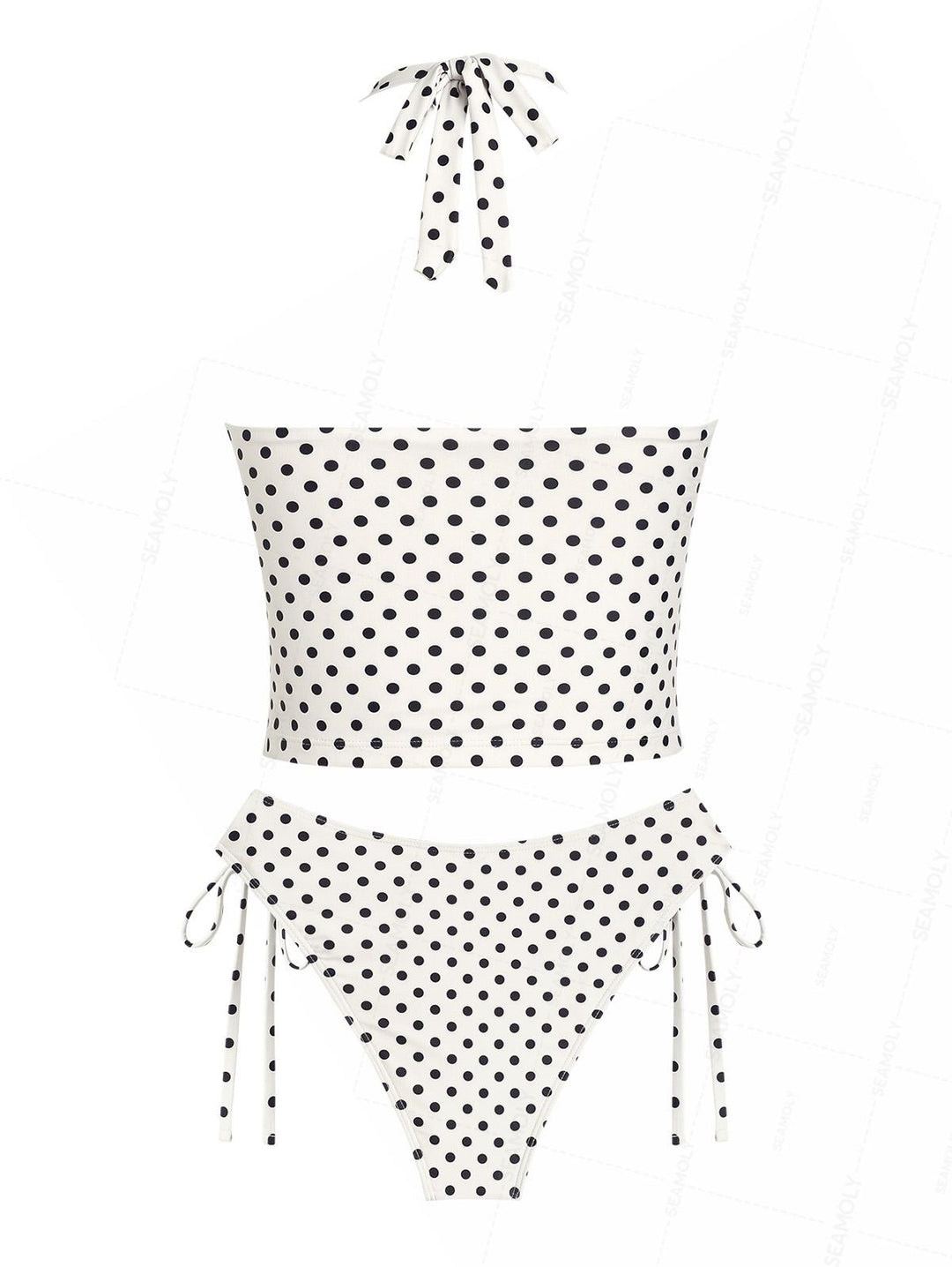 Seamolly Retro Pin-Up Vintage Polka Dot Print Plunging Neck Halter Cinched Tankini Set