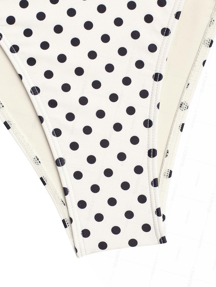 Seamolly Retro Pin-Up Vintage Polka Dot Print Plunging Neck Halter Cinched Tankini Set