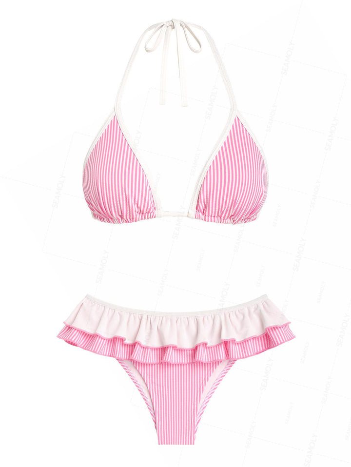 Seamolly Contrast Binding Striped Layered Peplum Halter Triangle Skirtini Bikini Set