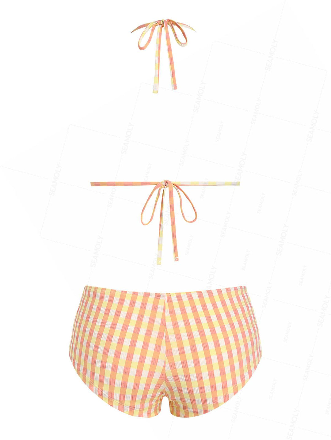 Seamolly Gingham Lace Trim Bowknot Decor Halter Triangle Boyshorts Bikini Set