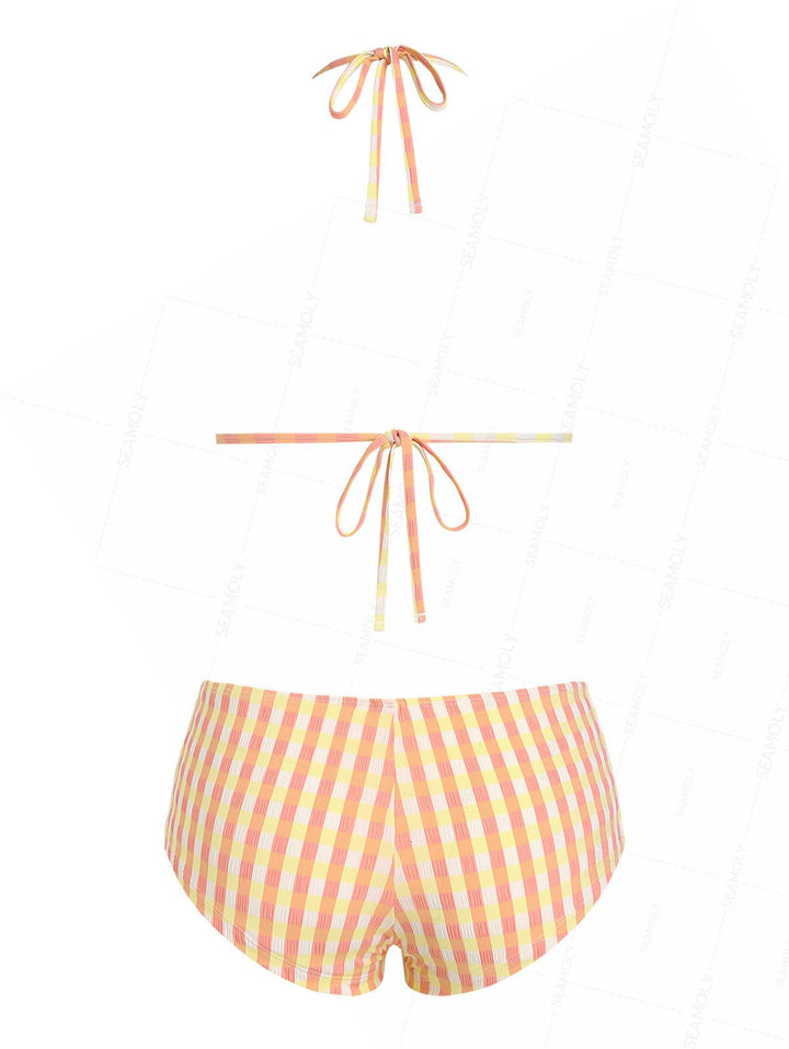 Seamolly Gingham Lace Trim Bowknot Decor Halter Triangle Boyshorts Bikini Set