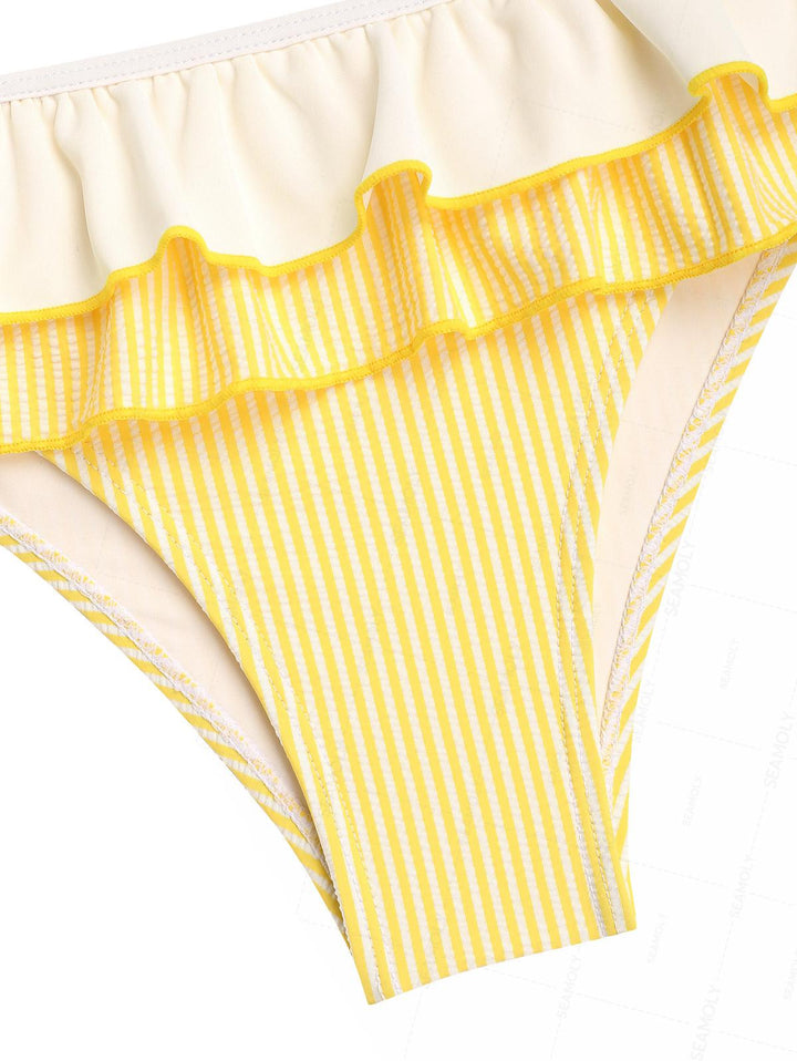 Seamolly Contrast Binding Striped Layered Peplum Halter Triangle Skirtini Bikini Set