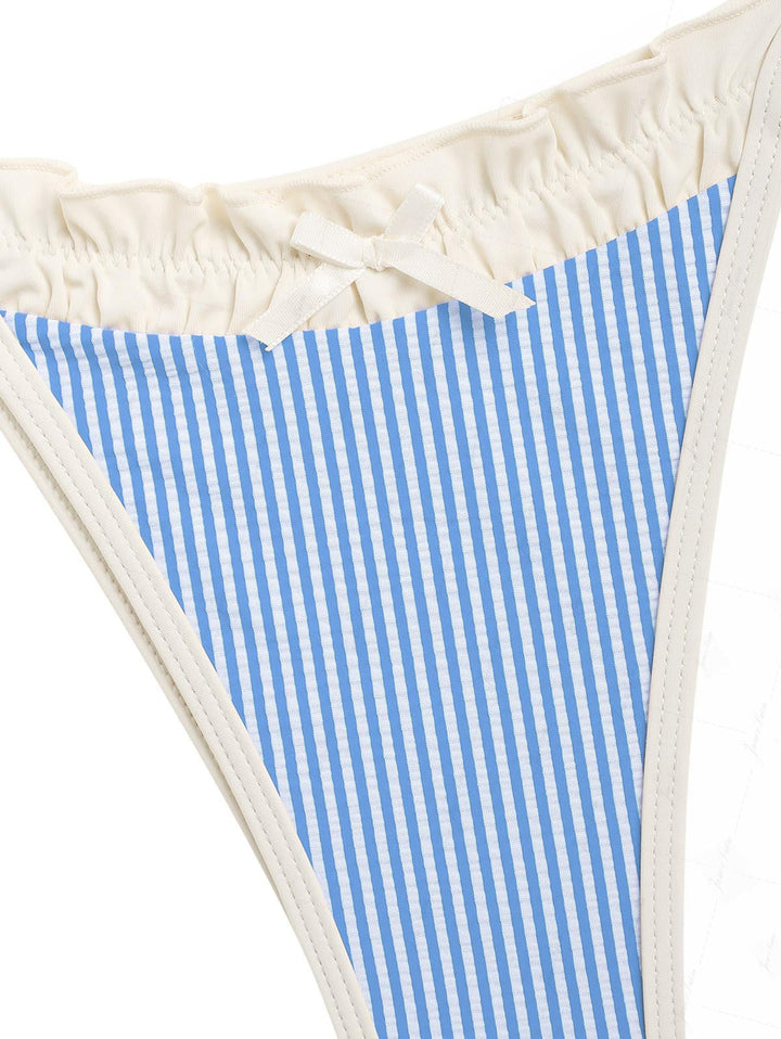 Light Blue Striped Spliced Ruched Ruffles Tie Side Bikini Set