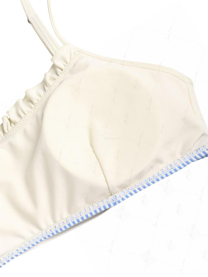 Light Blue Striped Spliced Ruched Ruffles Tie Side Bikini Set