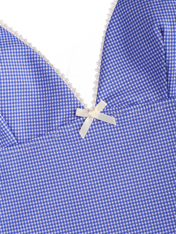 Seamolly Gingham Lace Bowknot Plunging Neck Halter Cinched Tied Side Tankini Set