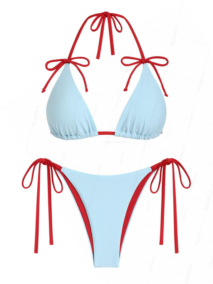 Seamolly Contrast Color Bowknot Halter Triangle Tie Side Bikini Set