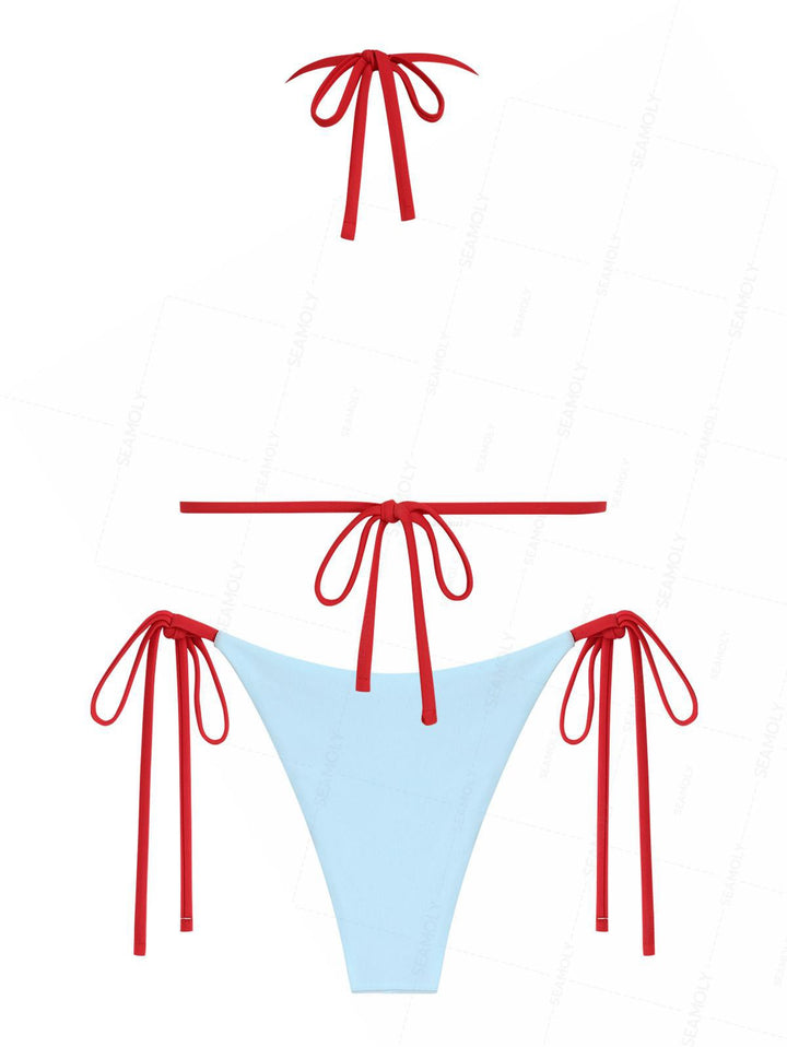 Seamolly Contrast Color Bowknot Halter Triangle Tie Side Bikini Set