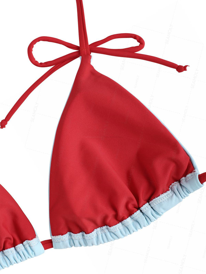 Seamolly Contrast Color Bowknot Halter Triangle Tie Side Bikini Set