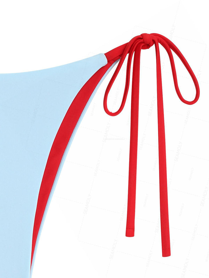 Seamolly Contrast Color Bowknot Halter Triangle Tie Side Bikini Set