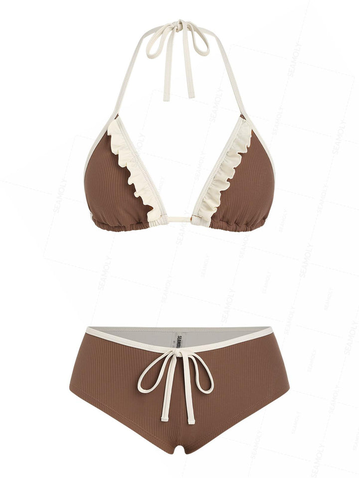 Seamolly Ribbed Ruffles Trim Halter Triangle Boyshorts Bikini Set