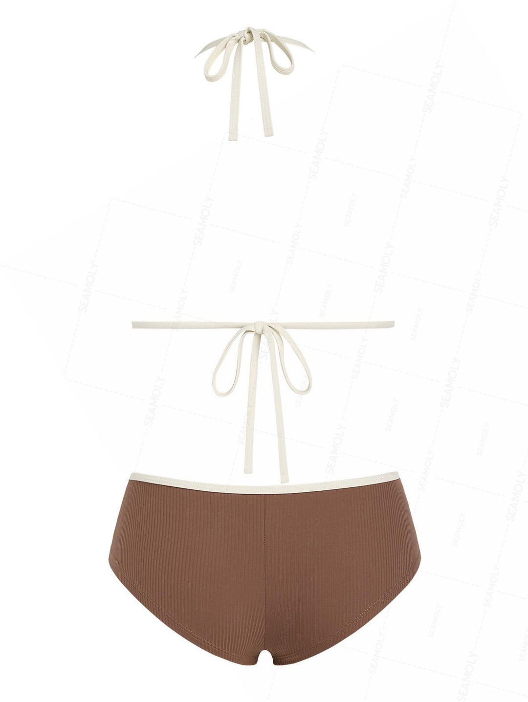 Seamolly Ribbed Ruffles Trim Halter Triangle Boyshorts Bikini Set