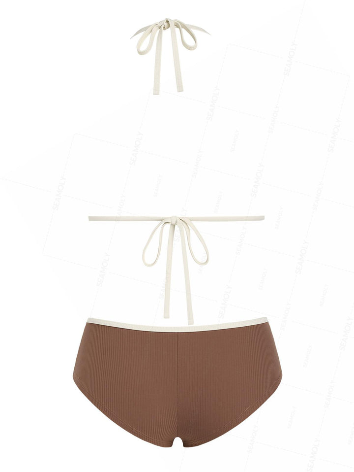 Seamolly Ribbed Ruffles Trim Halter Triangle Boyshorts Bikini Set