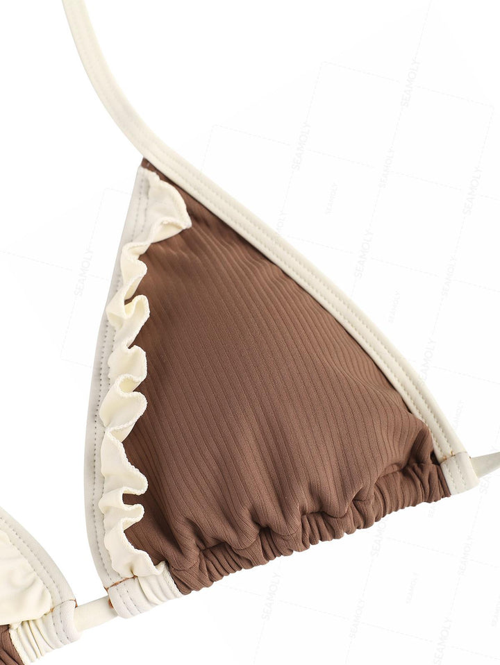 Seamolly Ribbed Ruffles Trim Halter Triangle Boyshorts Bikini Set