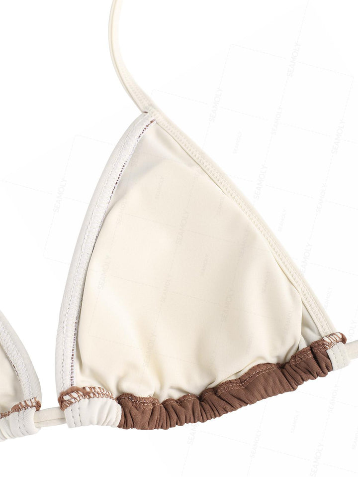 Seamolly Ribbed Ruffles Trim Halter Triangle Boyshorts Bikini Set