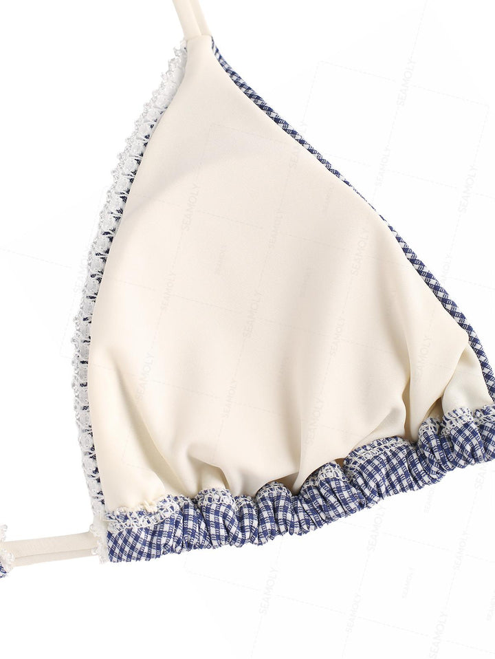 Seamolly Colorblock Gingham Lace Bowknot Boyshorts Bikini Set