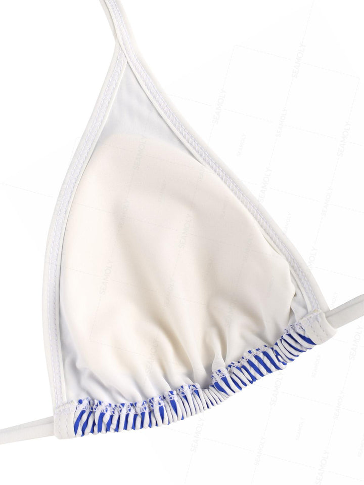 Seamolly Contrast Binding Striped Layered Peplum Halter Triangle Skirtini Bikini Set