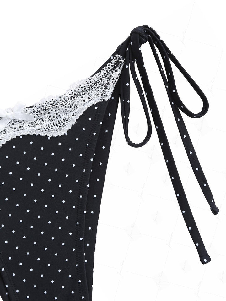 Black Polka Dot Print Lace Bowknot Tie Side Bikini Bottom