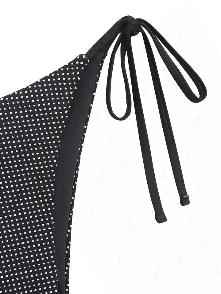 Black Pin Dot Jacquard Fabric Halter Tied String Tankini Set