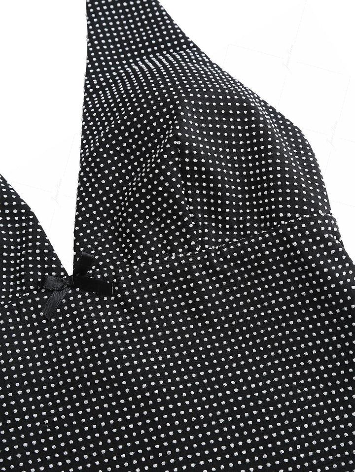 Black Pin Dot Jacquard Fabric Plunging Neck Halter Tied Tankini Top
