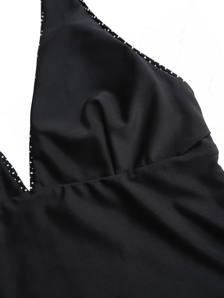 Black Pin Dot Jacquard Fabric Plunging Neck Halter Tied Tankini Top