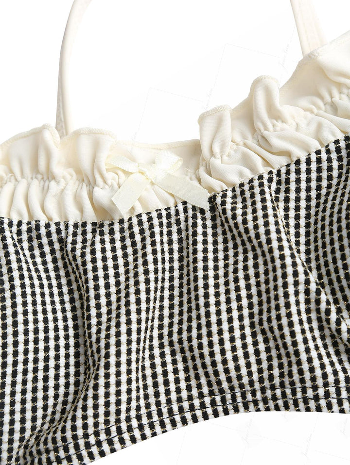 Crystal Cream Metallic Gold Yarn Knitted Fabric Ruched Ruffles Skirtini Bikini Set