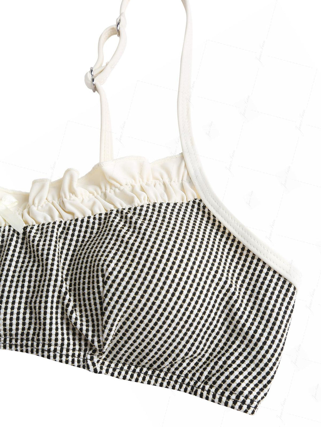 Crystal Cream Metallic Gold Yarn Knitted Fabric Ruched Ruffles Bikini Top