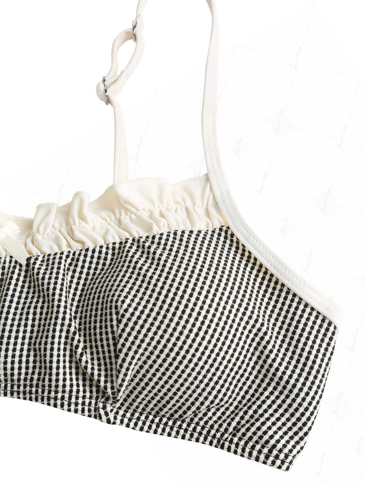 Crystal Cream Metallic Gold Yarn Knitted Fabric Ruched Ruffles Bikini Top