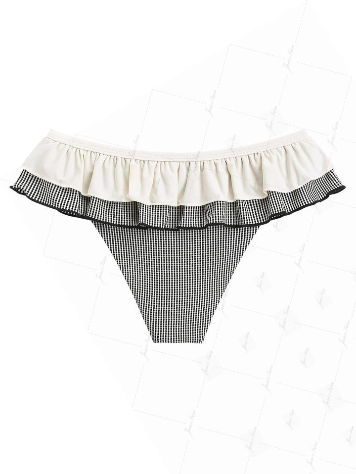 Crystal Cream Metallic Gold Yarn Knitted Fabric Layered Peplum Skirted Bikini Bottom