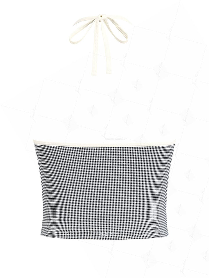 Black Knitted Plaid Tie Front Cutout Plunging Neck Halter Tankini Top