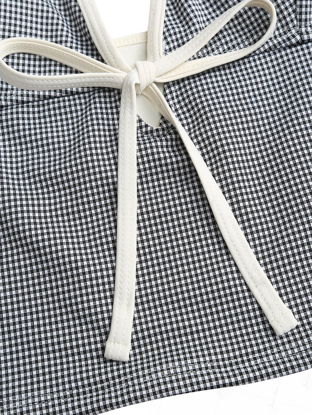 Black Knitted Plaid Tie Front Cutout Plunging Neck Halter Tankini Top