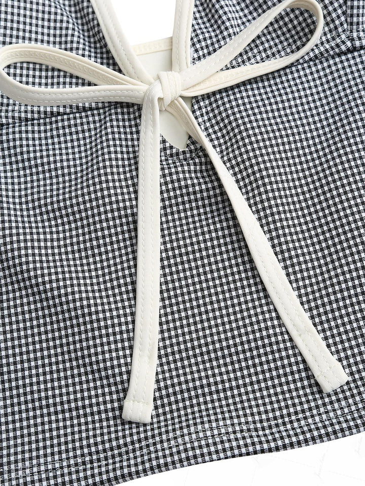 Black Knitted Plaid Tie Front Cutout Plunging Neck Halter Tankini Top