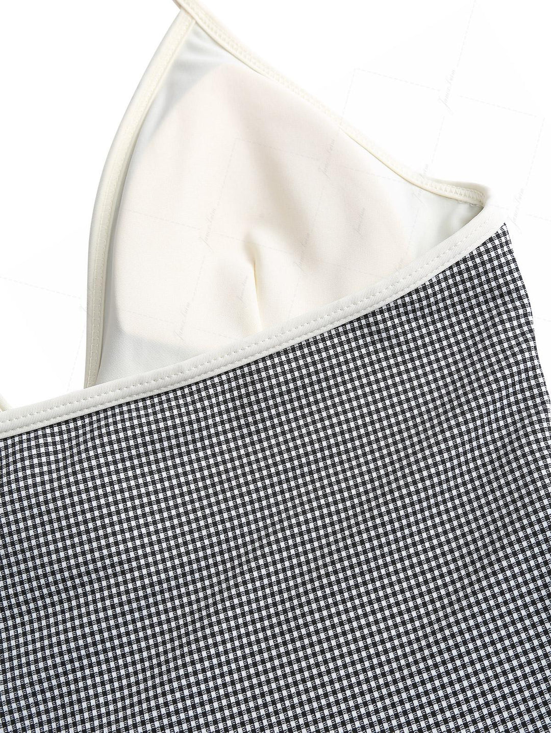 Black Knitted Plaid Tie Front Cutout Plunging Neck Halter Tankini Top