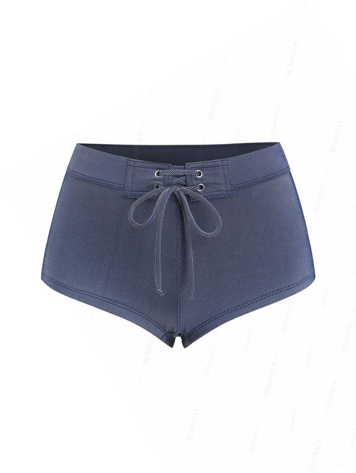 Seamolly Retro Vintage Denim Fabric Grommet Lace Up Beach Swim Bottom Boyshorts