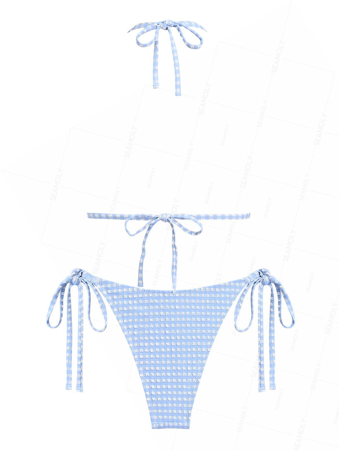 Seamolly Gingham Textured Lace Bowknot Halter Triangle Tie Side Bikini Set