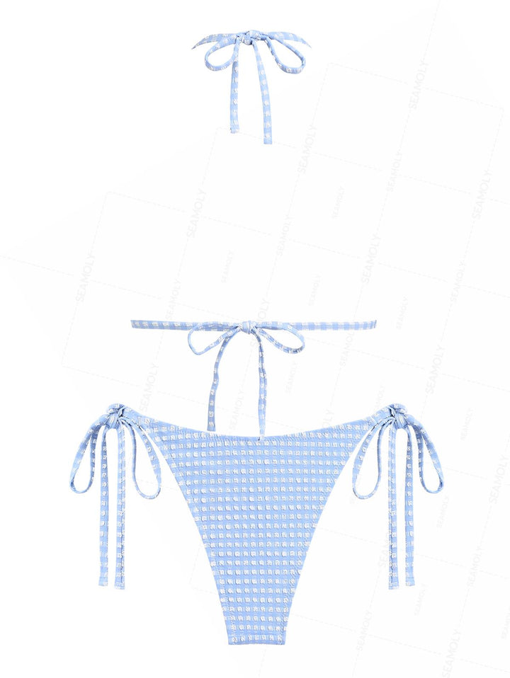 Seamolly Gingham Textured Lace Bowknot Halter Triangle Tie Side Bikini Set