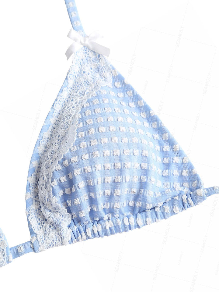 Seamolly Gingham Textured Lace Bowknot Halter Triangle Tie Side Bikini Set