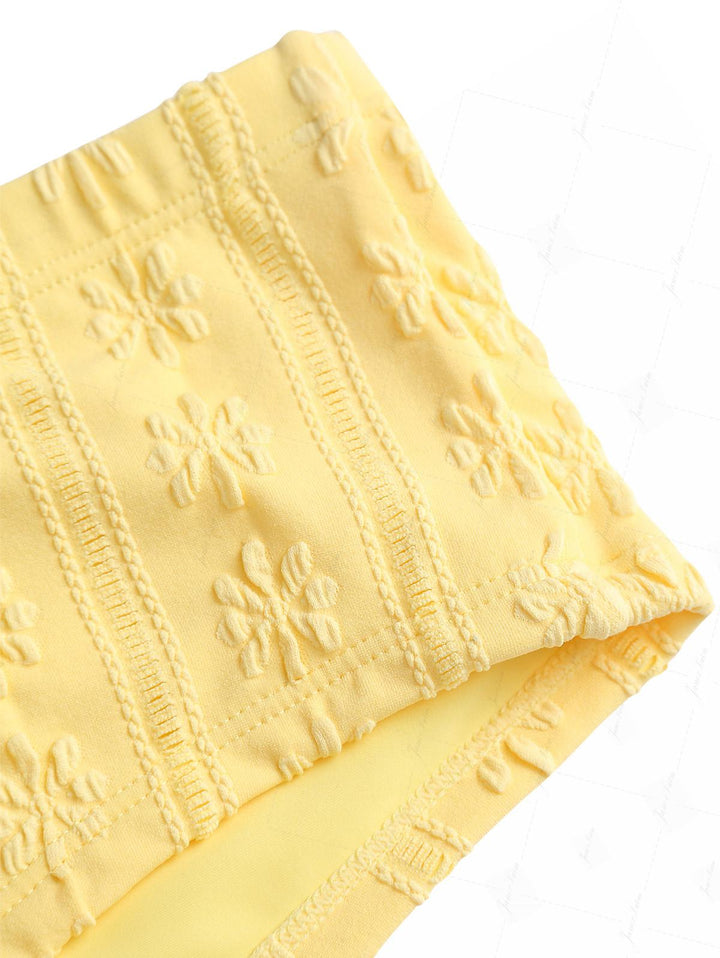 Yellow Floral Jacquard Bowknot Low Rise Beach Swim Bottom Boyshorts